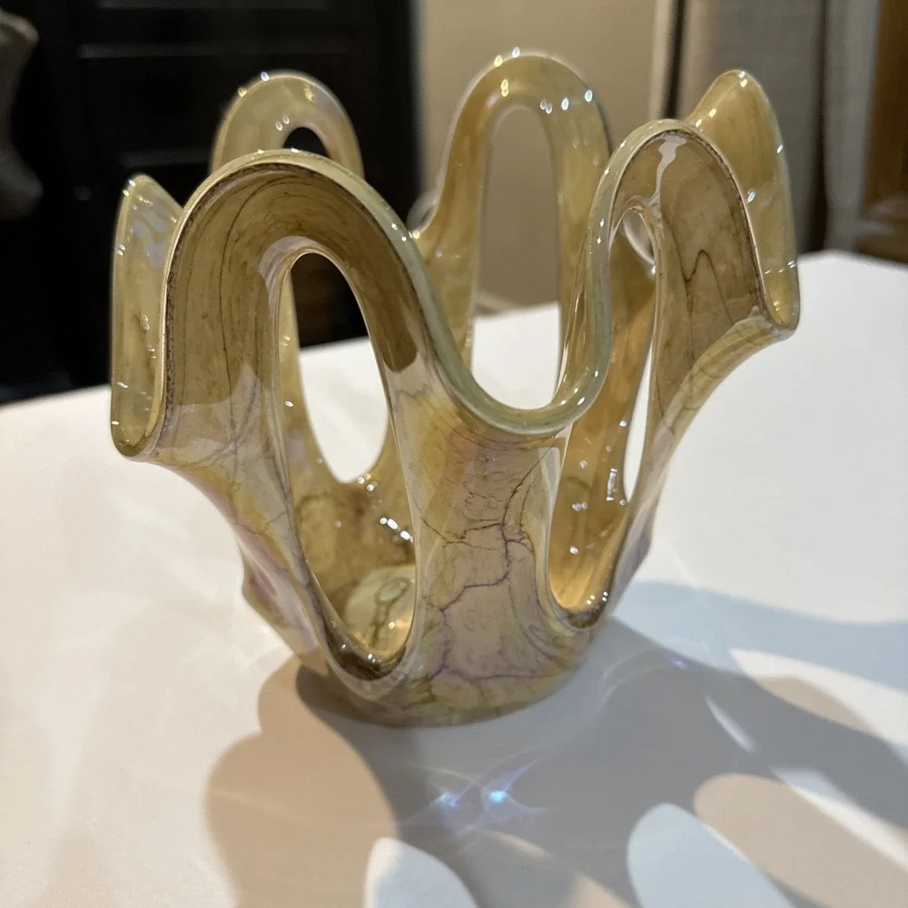 Vtg MAKORA KROSNO Hand Blown Art Glass Vase Earthtones Stone Look Iridescent